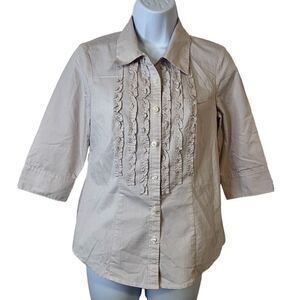 Ann Taylor Factory Petite Striped 3/4 Sleeve‎ Ruffle Front Blouse Size 0P